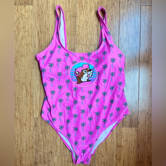 Buc-ees Pink One Piece Swimsuit Palm Trees Bathing Suit Medium - Picture 1 of 4